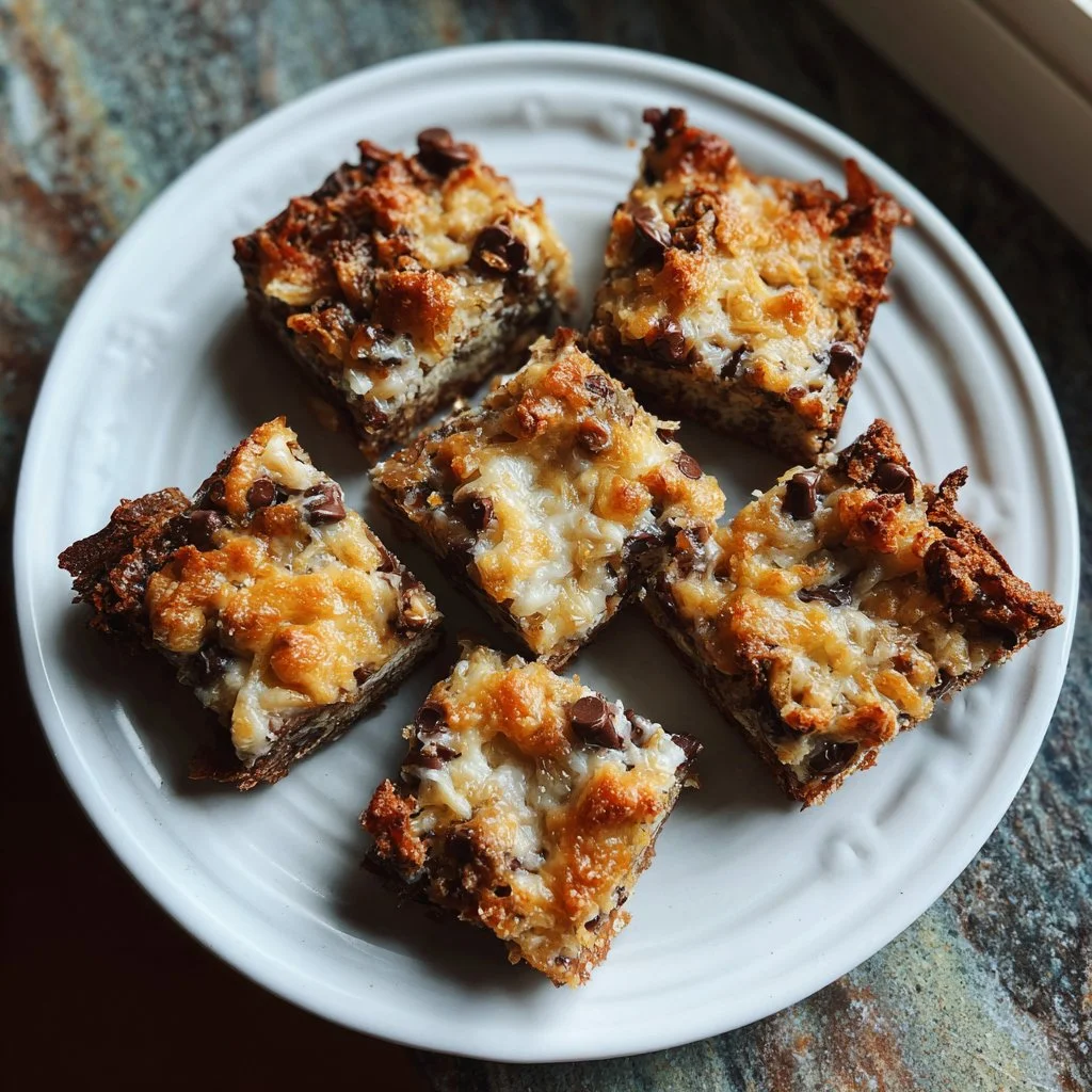 Delicious magic cookie bars with chocolate and coconut layered dessert