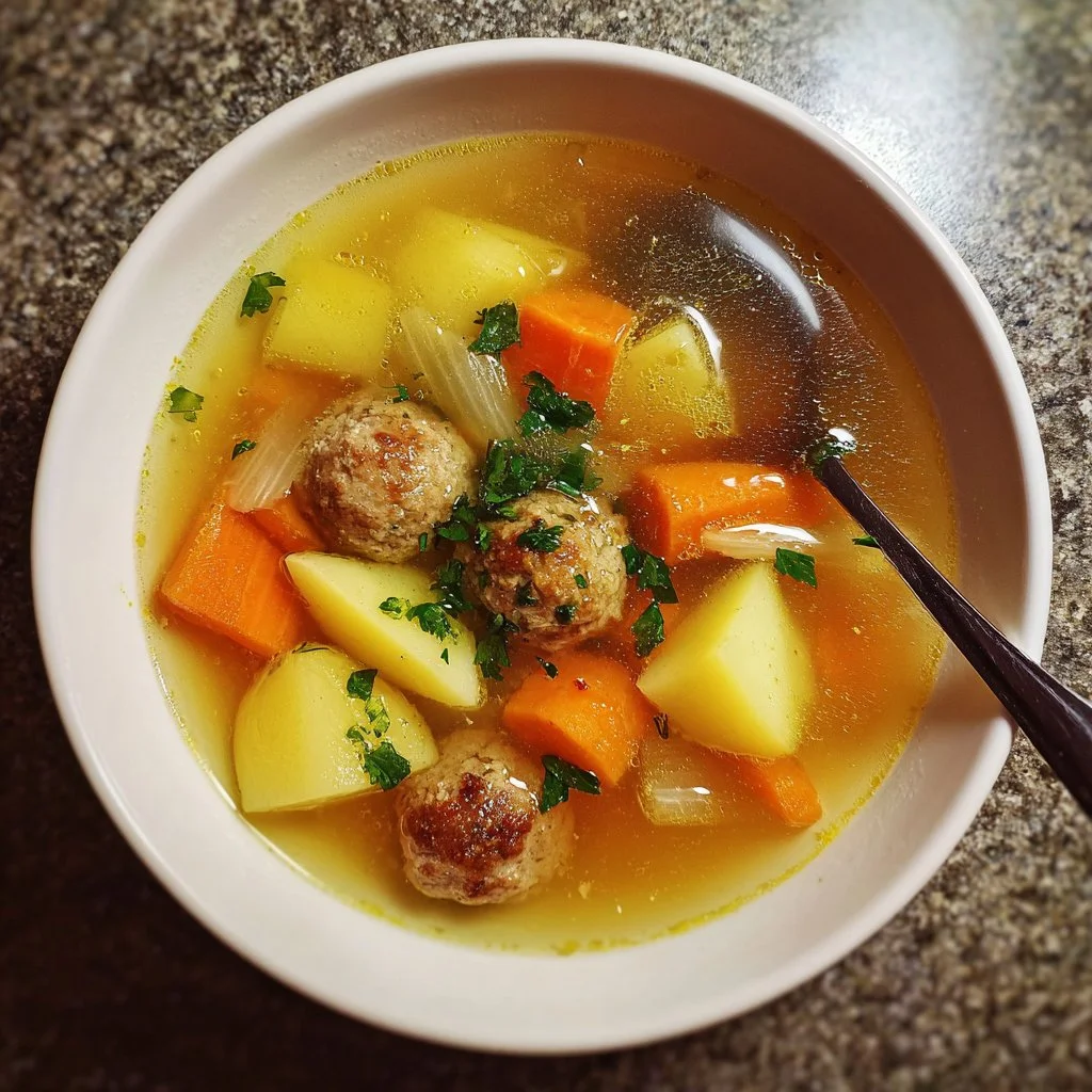 A bowl of savory meatball soup with vegetables and herbs, perfect for a cozy meal.