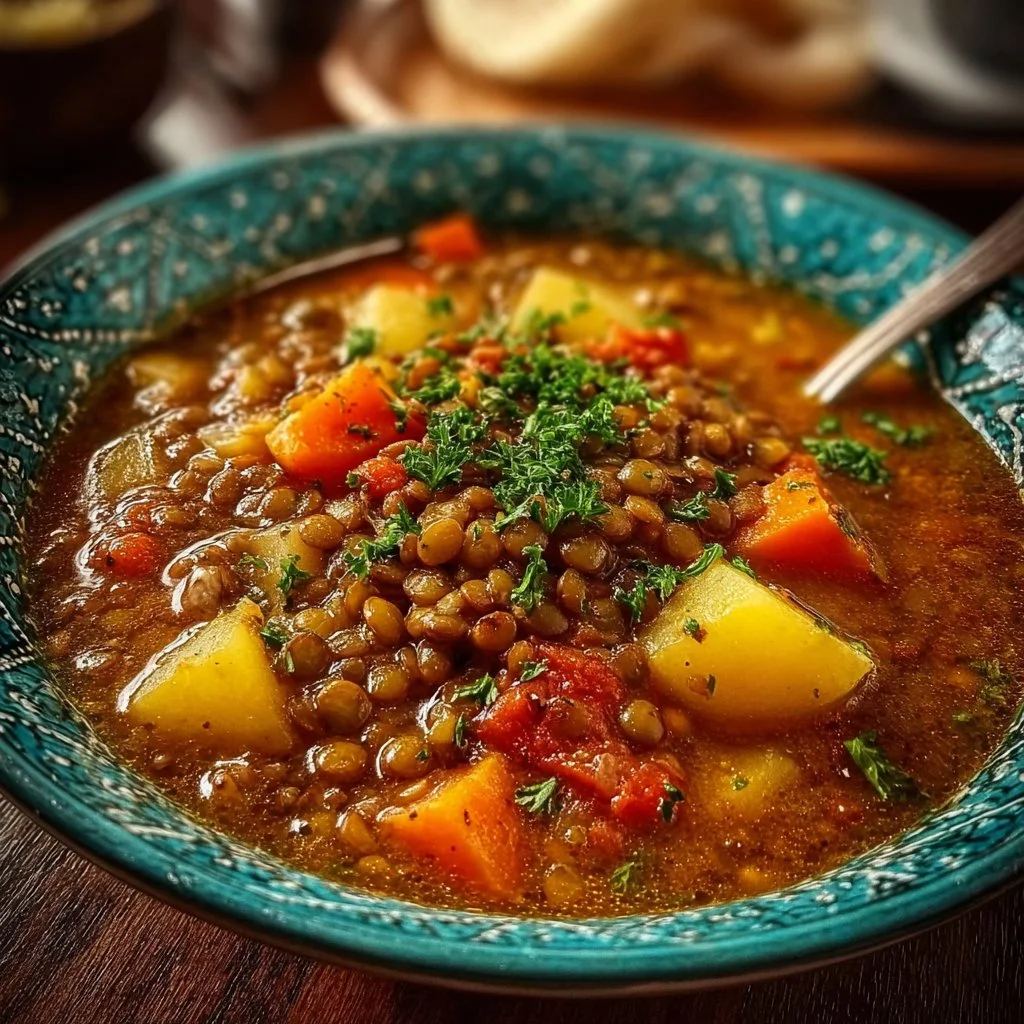 Bowl of Mediterranean Lentil Soup garnished with fresh herbs and lemon slices.
