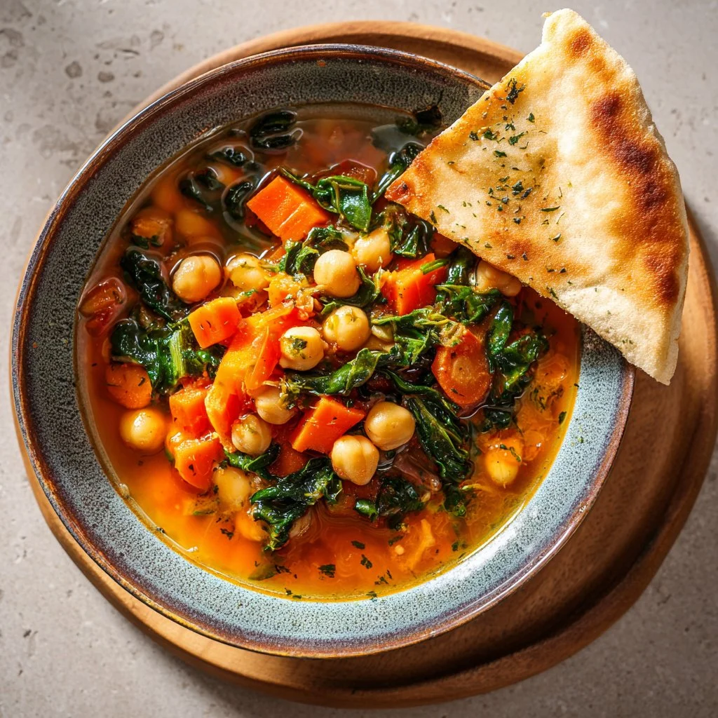 Bowl of vibrant Mediterranean Soup garnished with herbs and fresh vegetables.