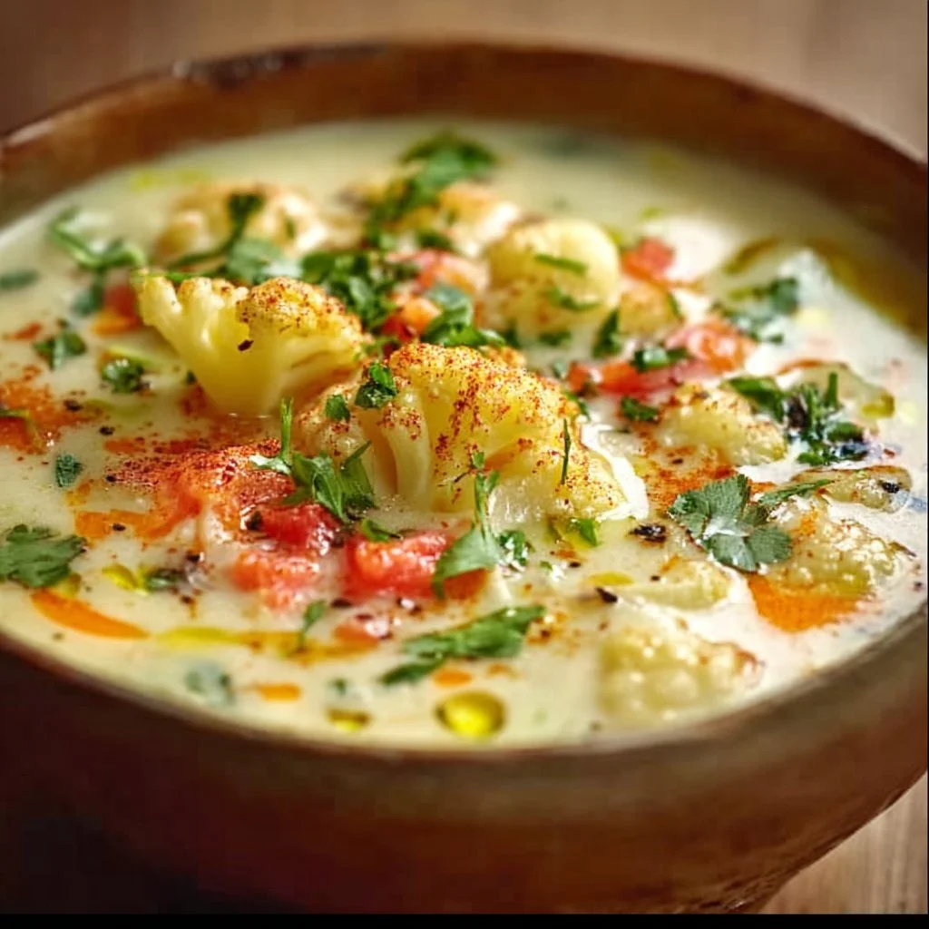 Bowl of creamy Mediterranean-style cauliflower soup garnished with herbs.