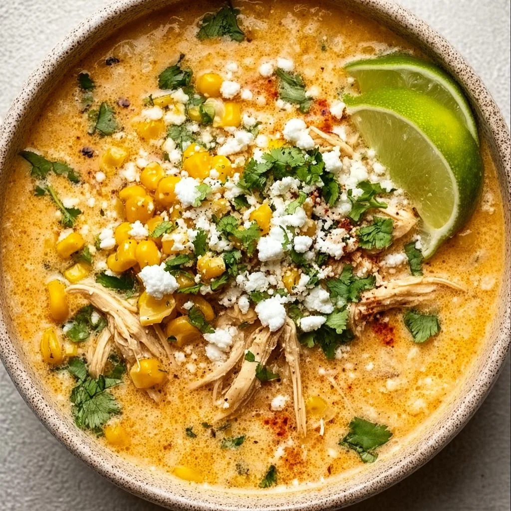 Bowl of delicious Mexican Street Corn Soup garnished with cilantro and lime