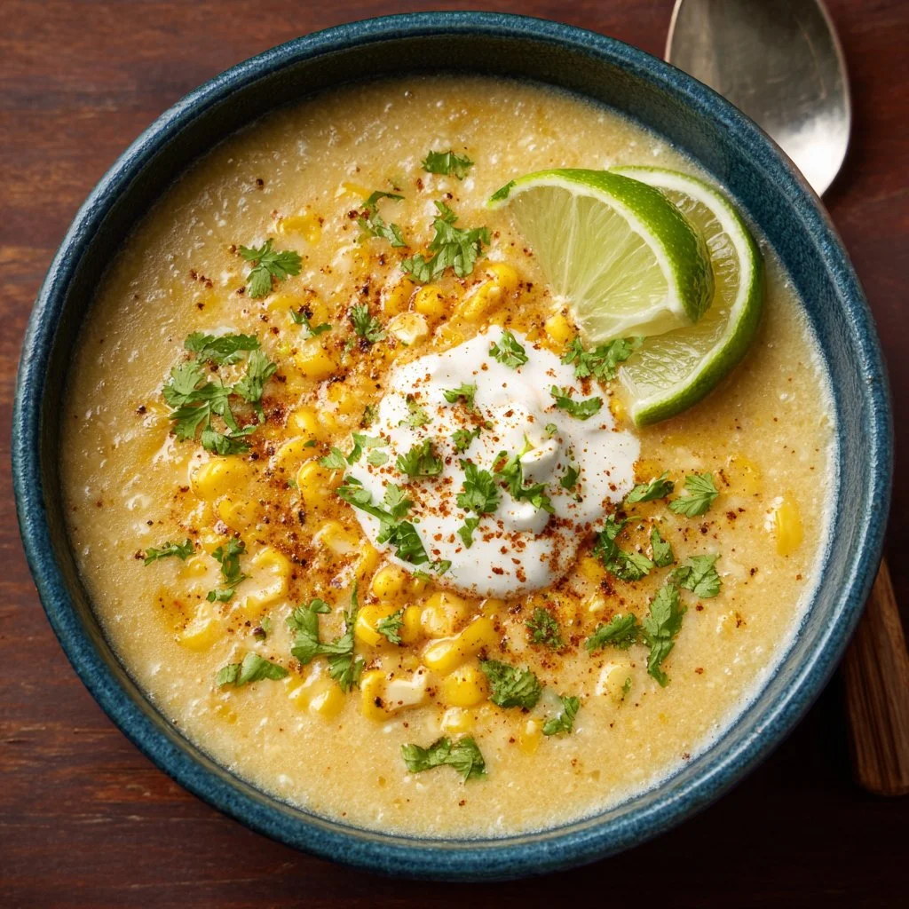 Bowl of creamy Mexican street corn soup topped with cilantro and lime
