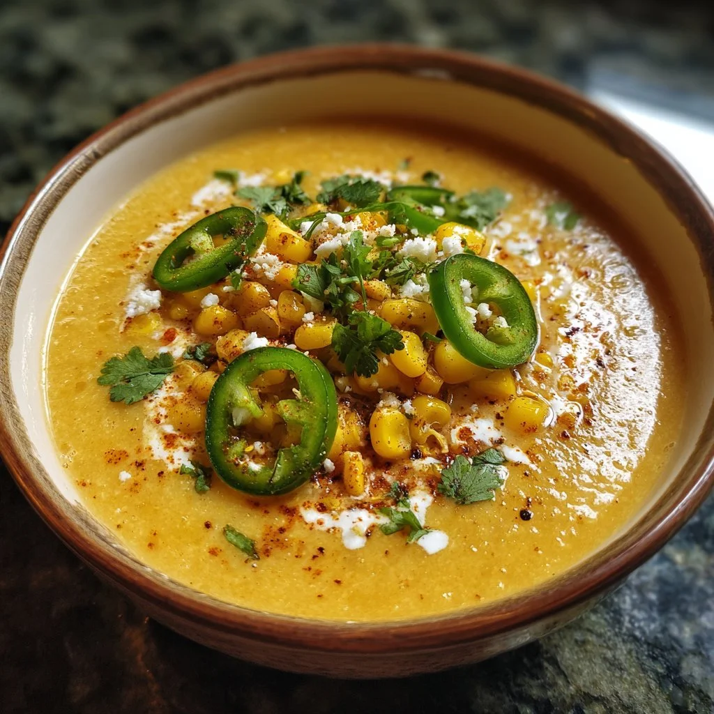 Bowl of Mexican street corn soup garnished with cilantro and lime