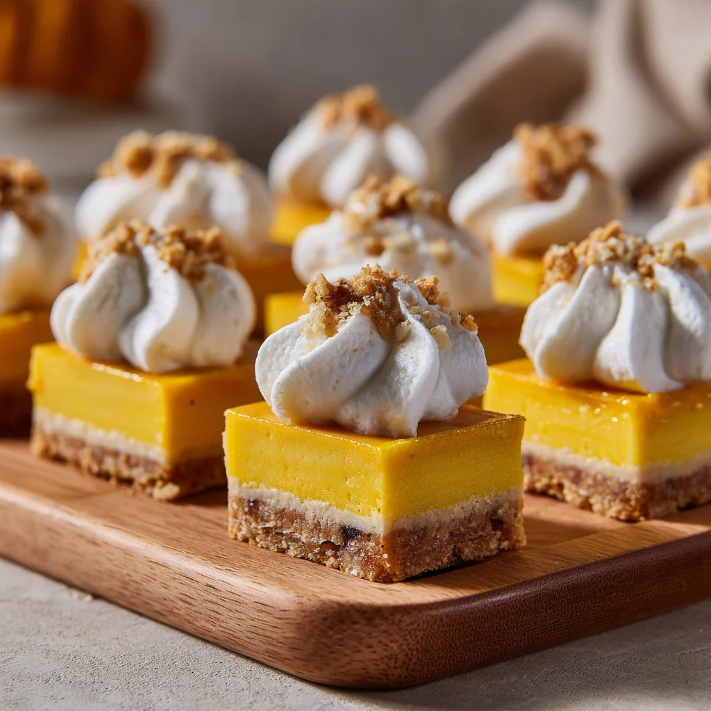 Mini cheese cracker pumpkin pies served on a festive plate.