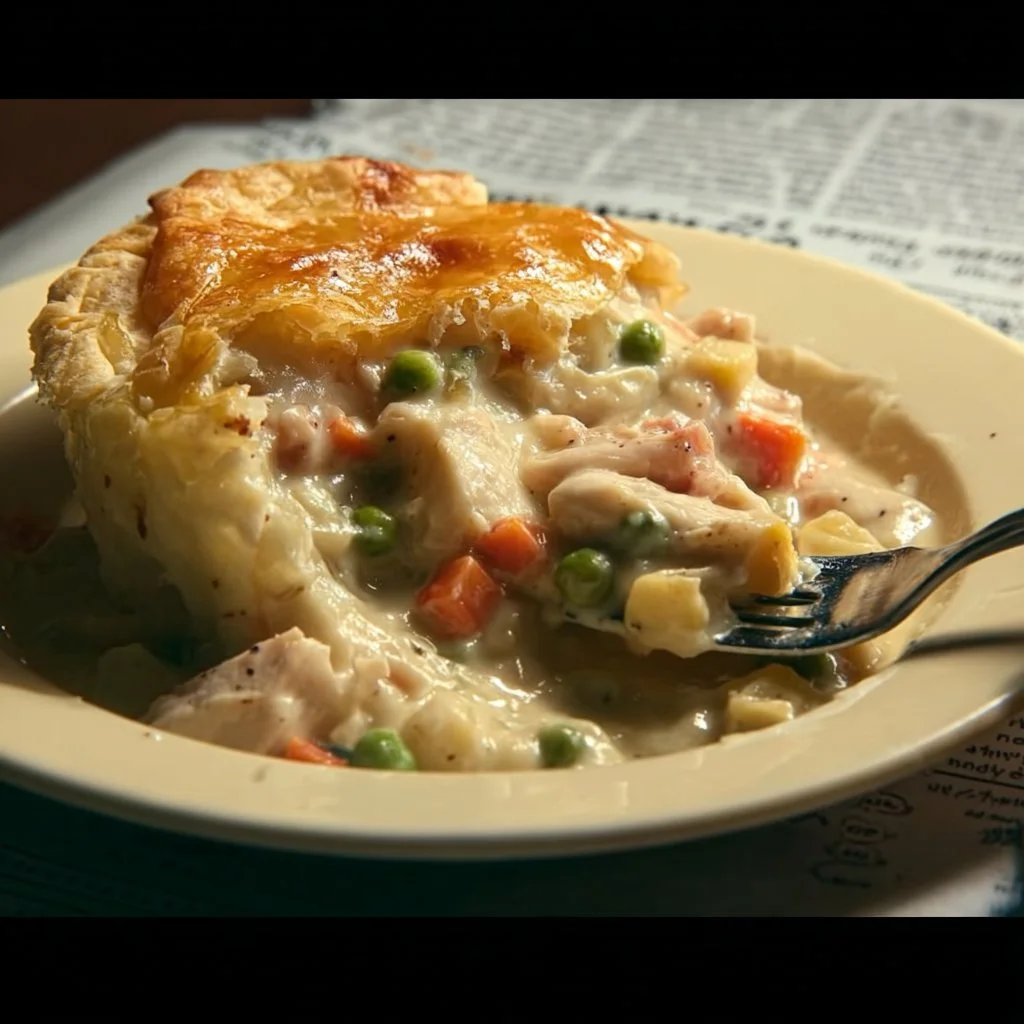 Homemade chicken pot pie with a golden crust and savory chicken filling