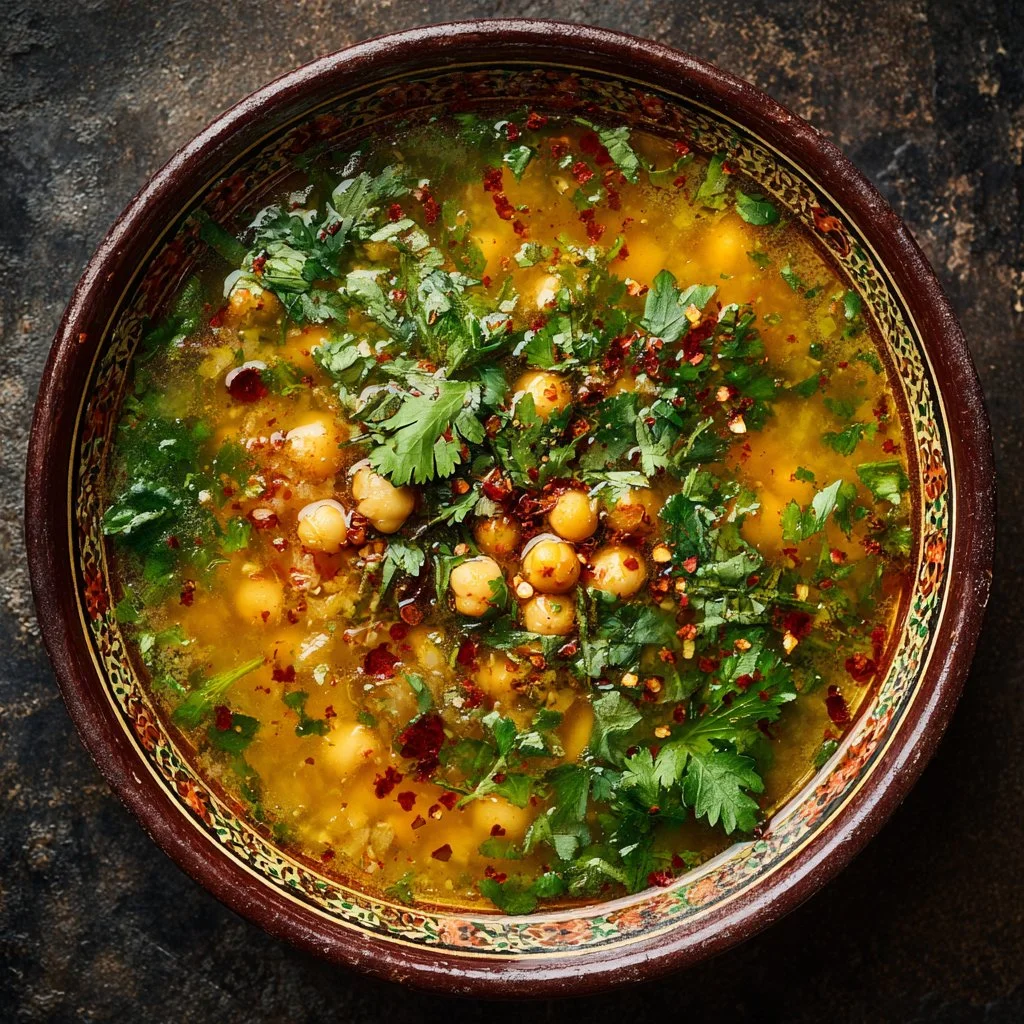 Bowl of Moroccan chickpea soup garnished with fresh herbs and spices