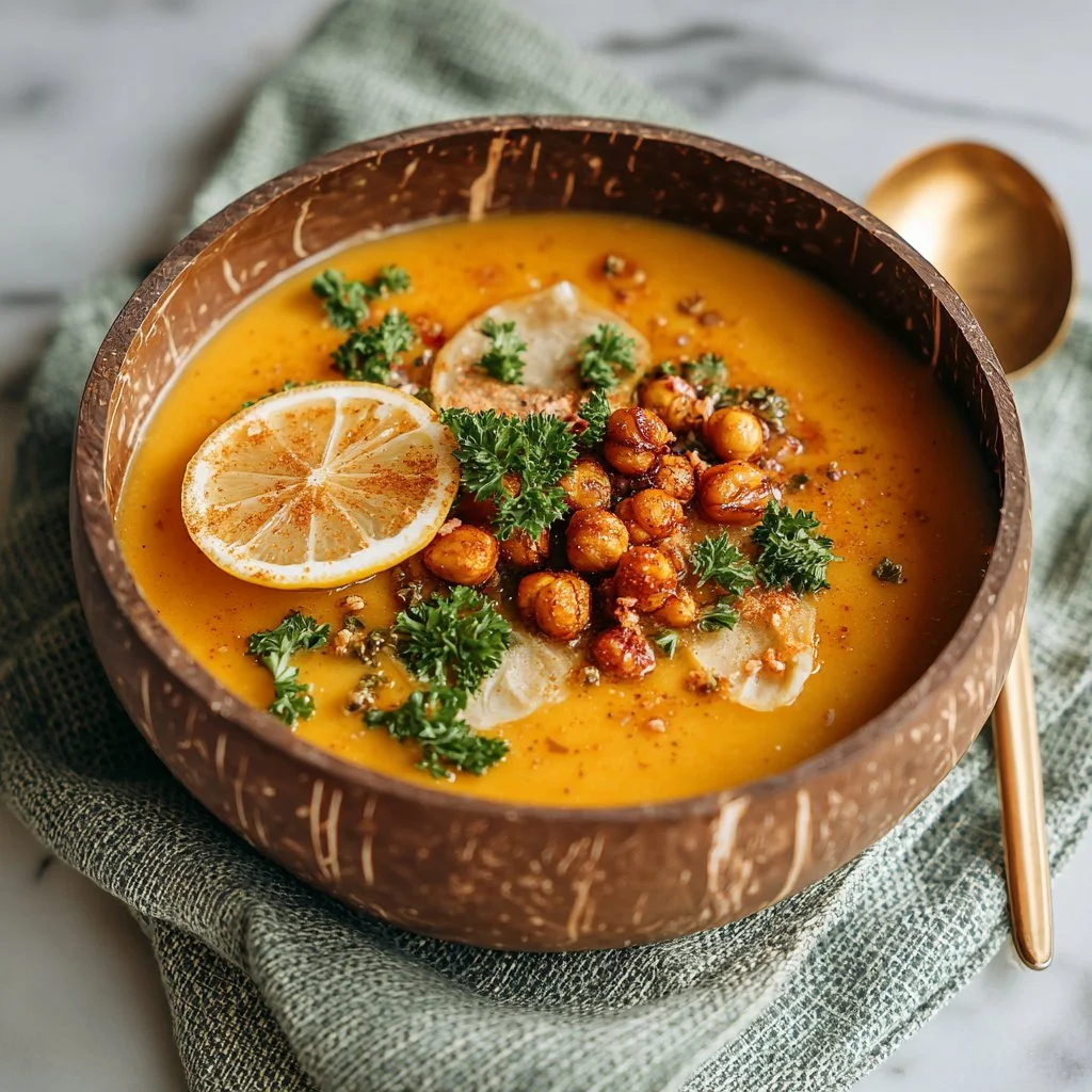 Bowl of Moroccan sweet potato and chickpea soup garnished with herbs