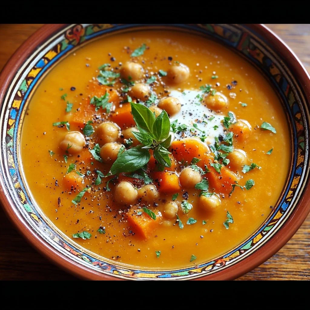 Bowl of Moroccan Sweet Potato Soup with Chickpeas garnished with herbs