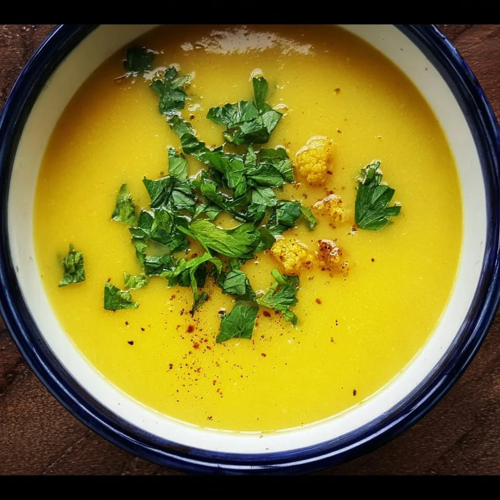 Bowl of Nigella cauliflower, garlic, and turmeric soup garnished with herbs.