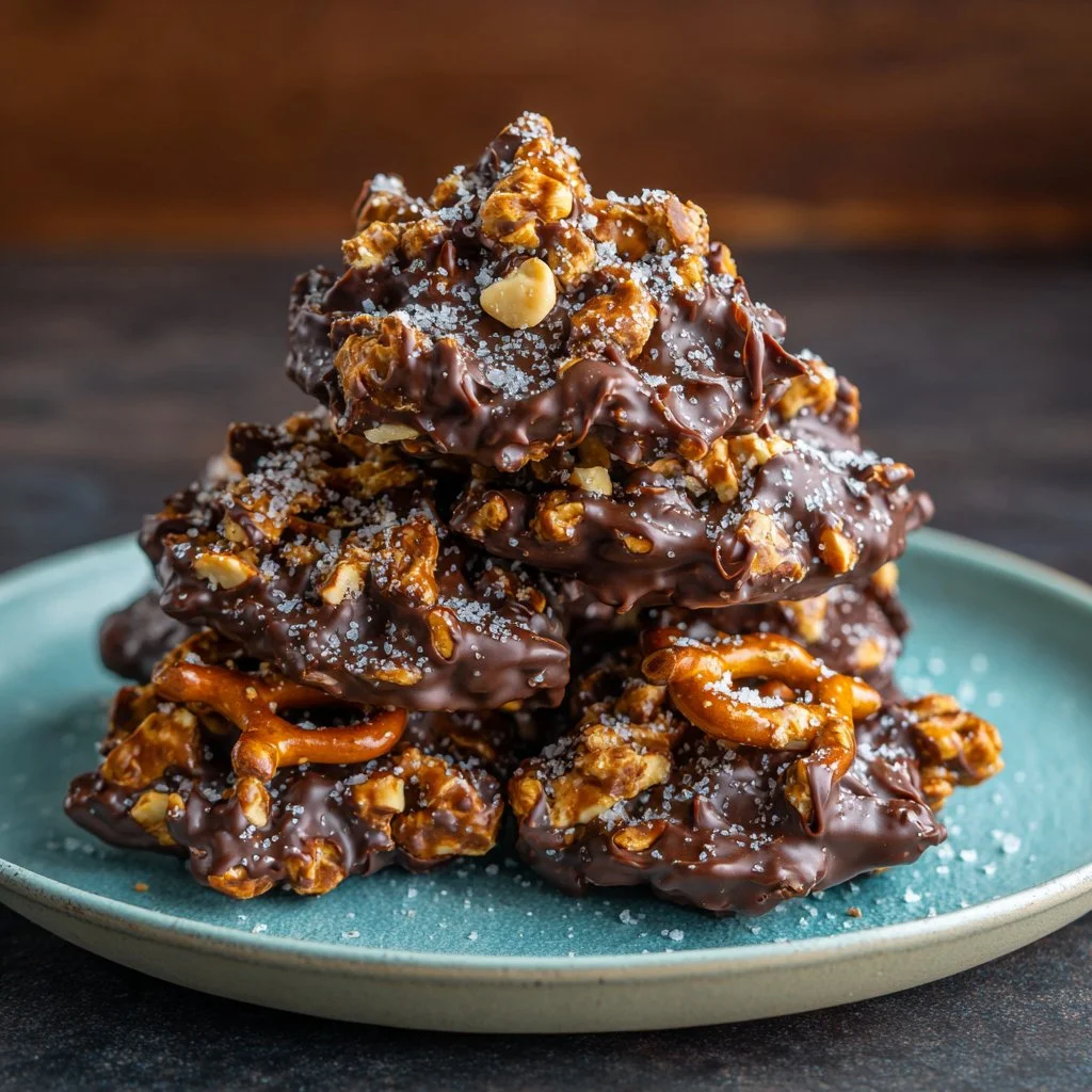 No-bake peanut butter pretzel clusters topped with melted chocolate.