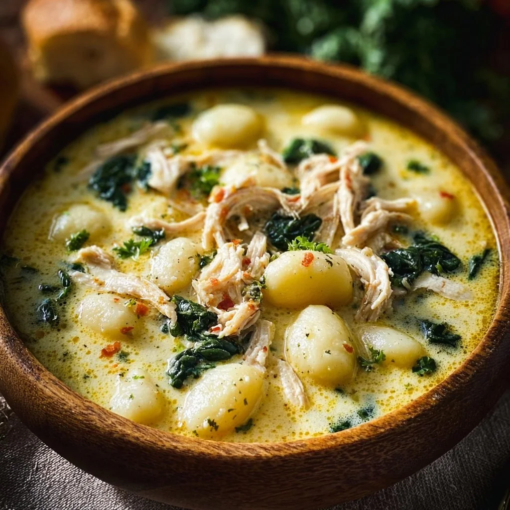 Bowl of Olive Garden Chicken Gnocchi Soup with herbs and ingredients