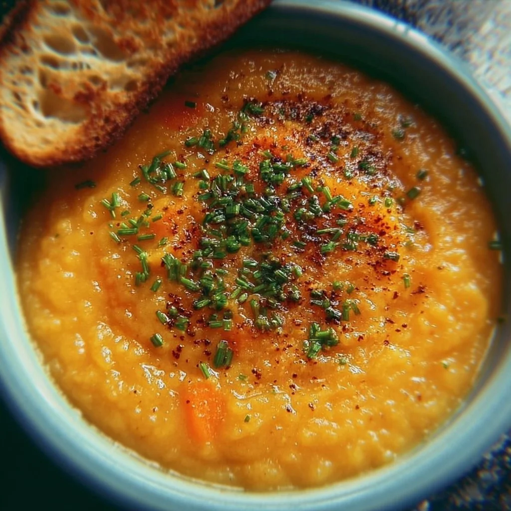 Bowl of creamy carrot lentil soup garnished with herbs and served warm.