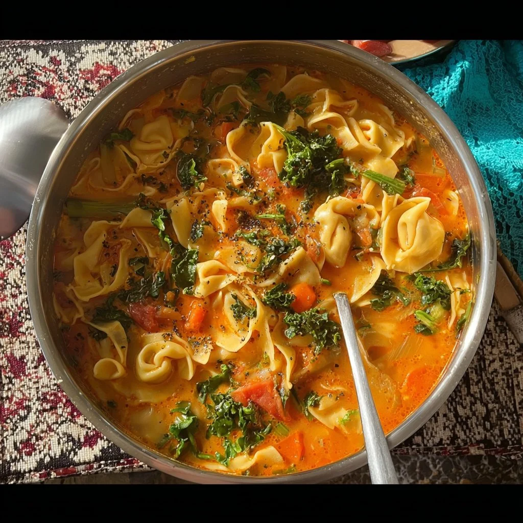 One Pot Vegetable Tortellini Soup with fresh vegetables in a bowl