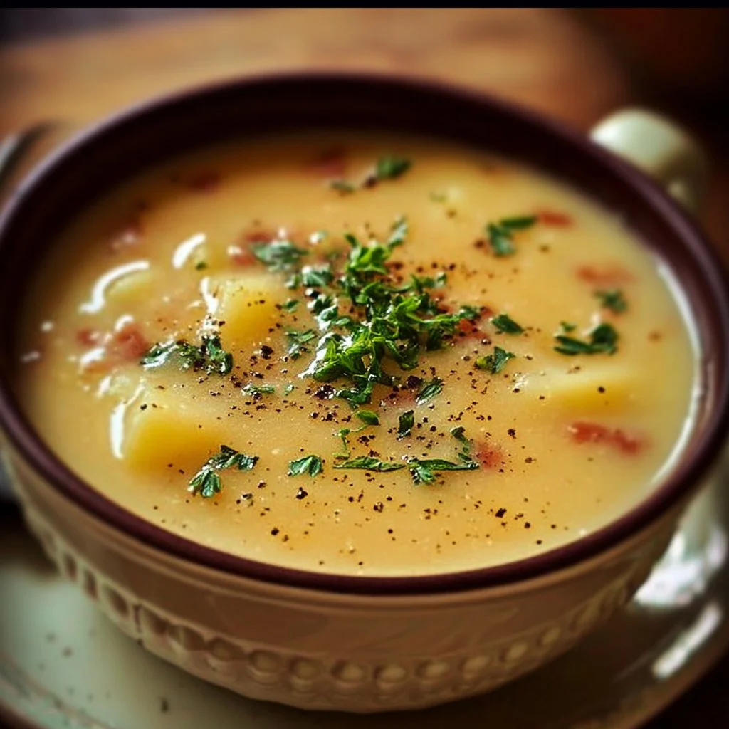 Delicious bowl of Outback Potato Soup topped with fresh herbs and croutons.