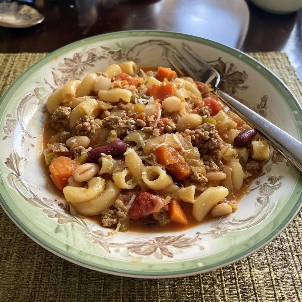 Bowl of Pasta and Beans garnished with herbs for a hearty meal