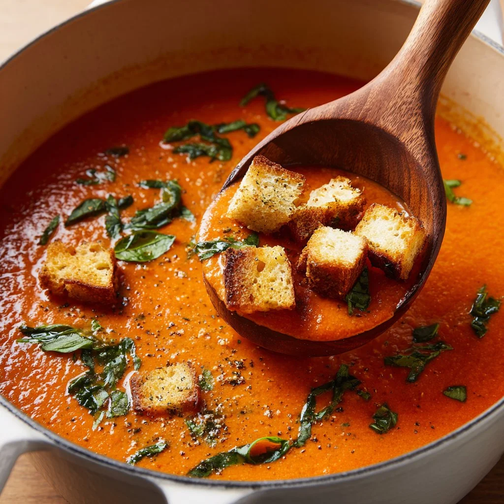 Bowl of perfect roasted tomato basil soup garnished with fresh basil leaves.