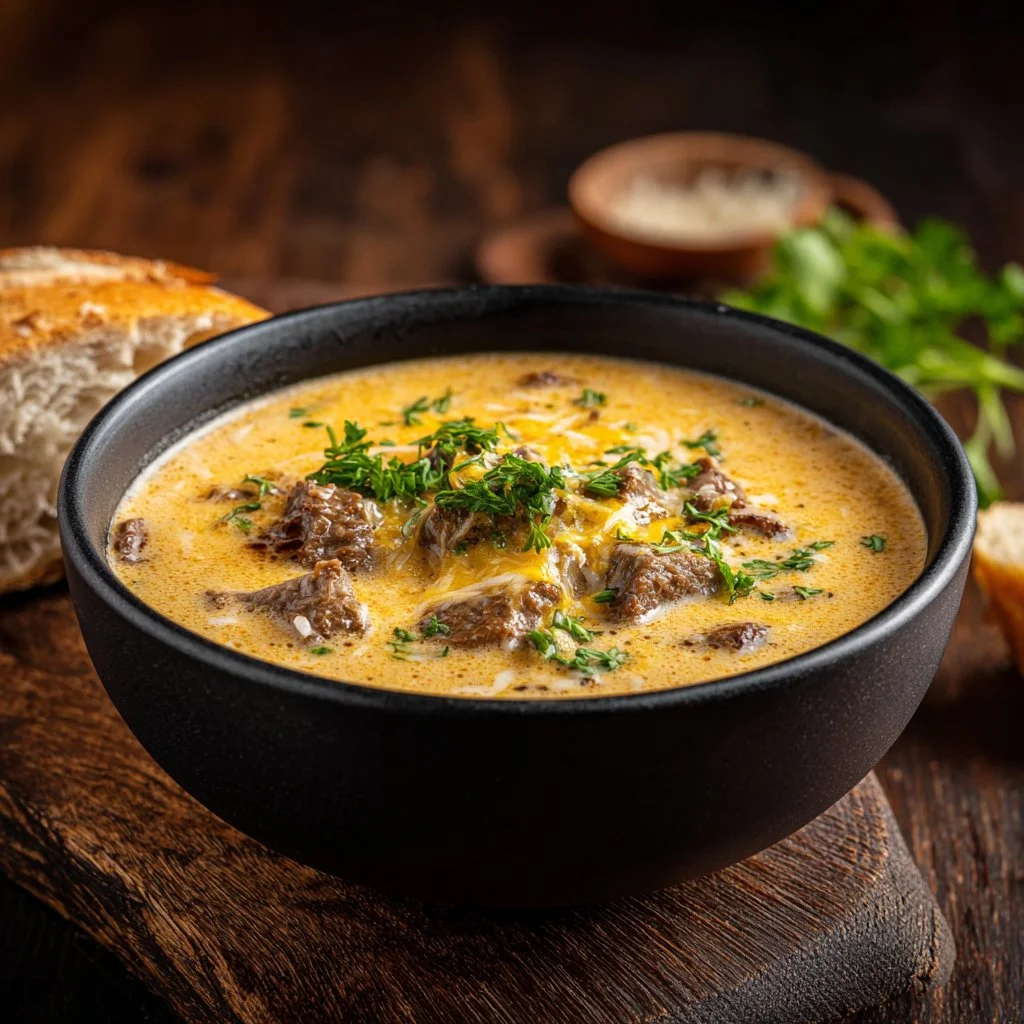 Bowl of Philly Cheese Steak Soup topped with melted cheese and garnished with herbs.