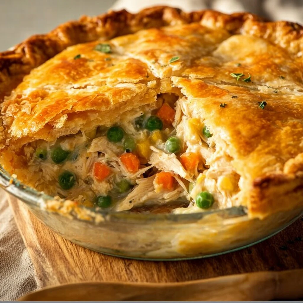 Delicious homemade chicken pot pie served in a rustic dish