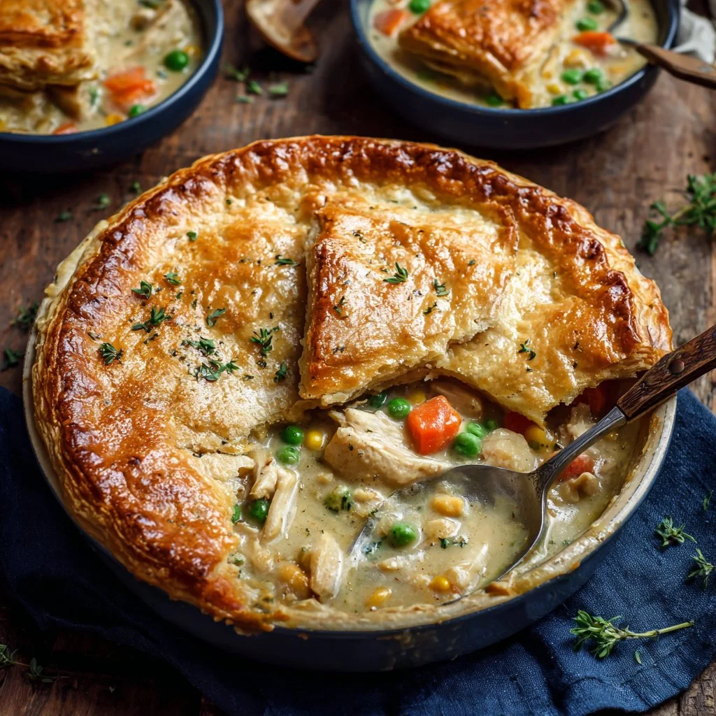 Homemade chicken pot pie with golden crust and savory filling
