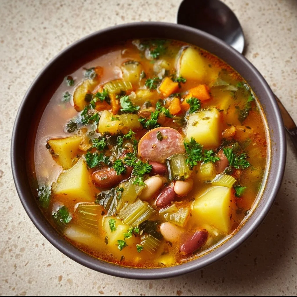 Bowl of traditional Portuguese Bean Soup garnished with fresh herbs