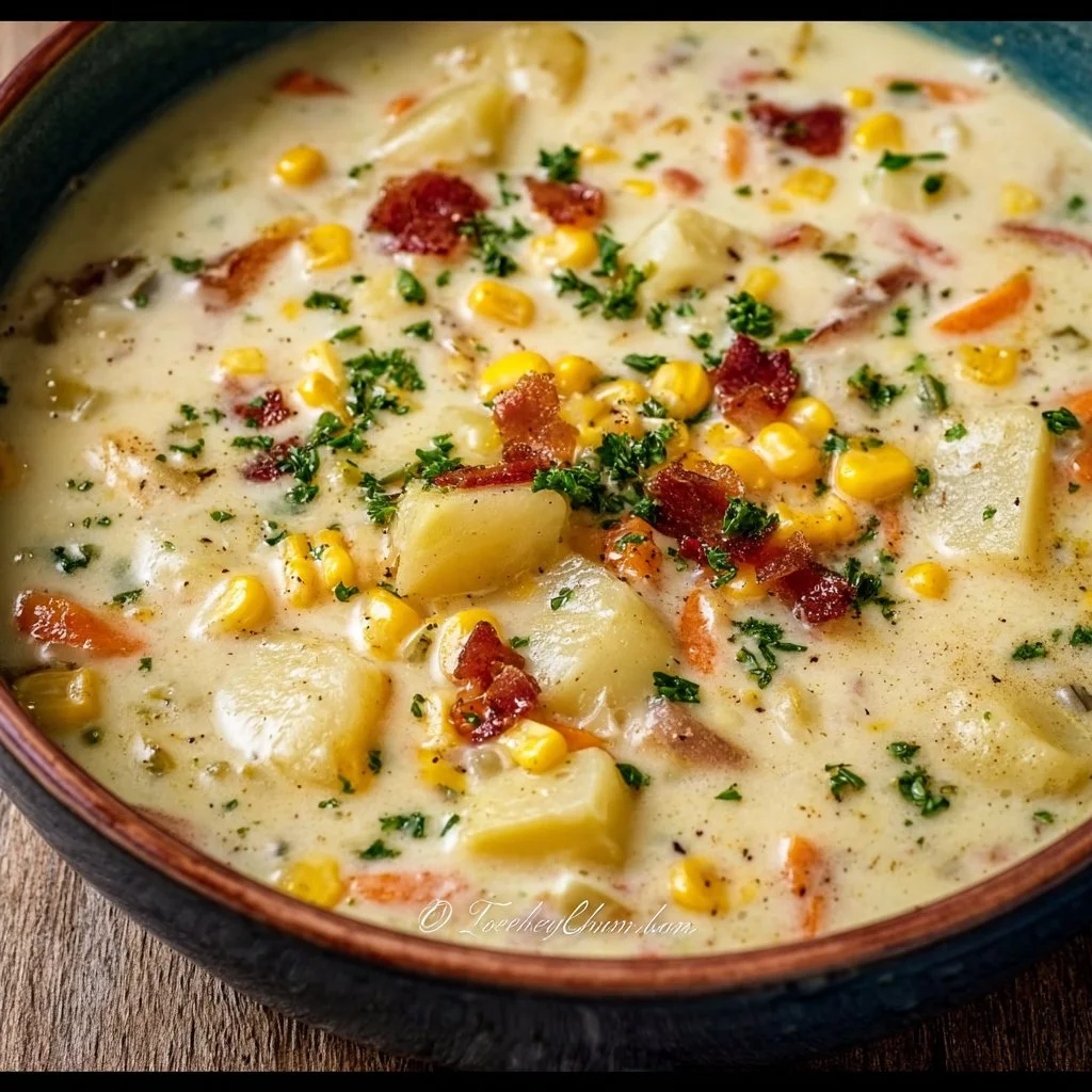 Creamy Potato and Corn Chowder with fresh ingredients in a bowl.