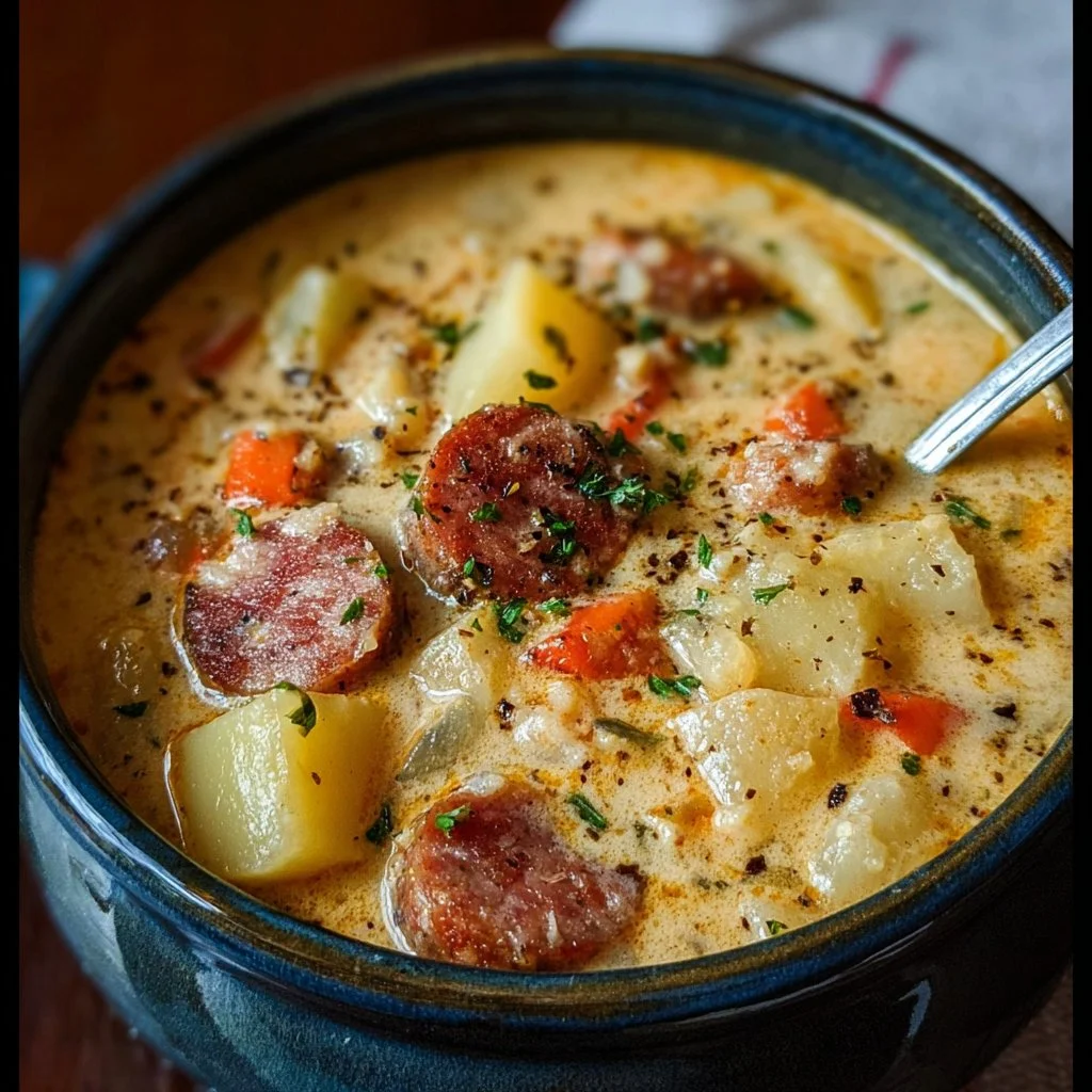 Bowl of delicious Potato Sausage Chowder topped with fresh herbs