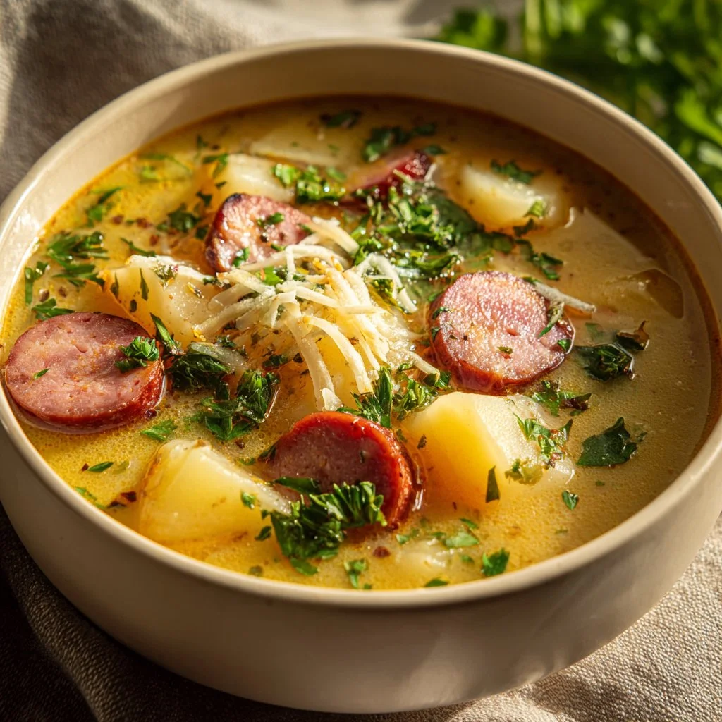 Bowl of hearty Potato Kielbasa Soup with sausage and potatoes