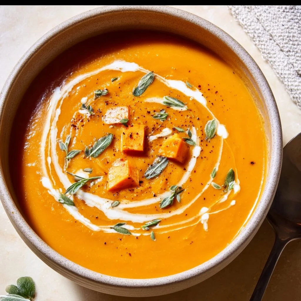 Bowl of creamy pumpkin and sweet potato soup garnished with herbs