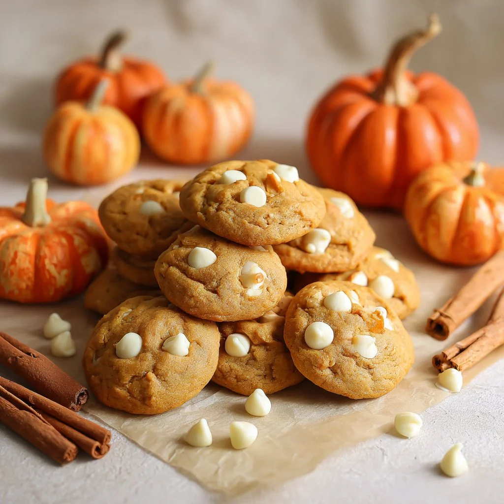 Delicious Pumpkin White Chocolate Chip Cookies on a plate, perfect for fall baking