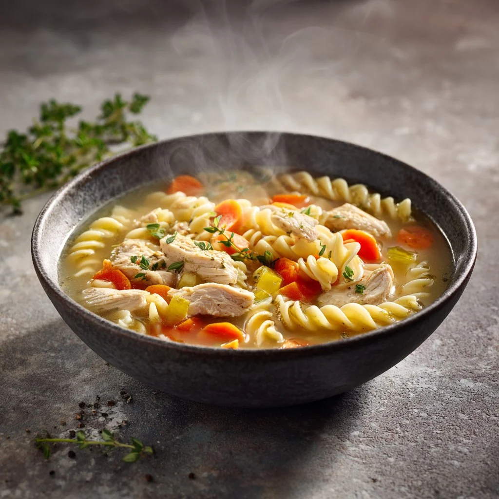 Bowl of quick and easy chicken soup with vegetables and herbs