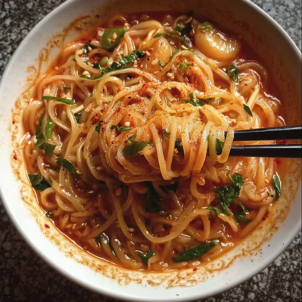 Bowl of quick spicy coconut noodles with fresh herbs and toppings