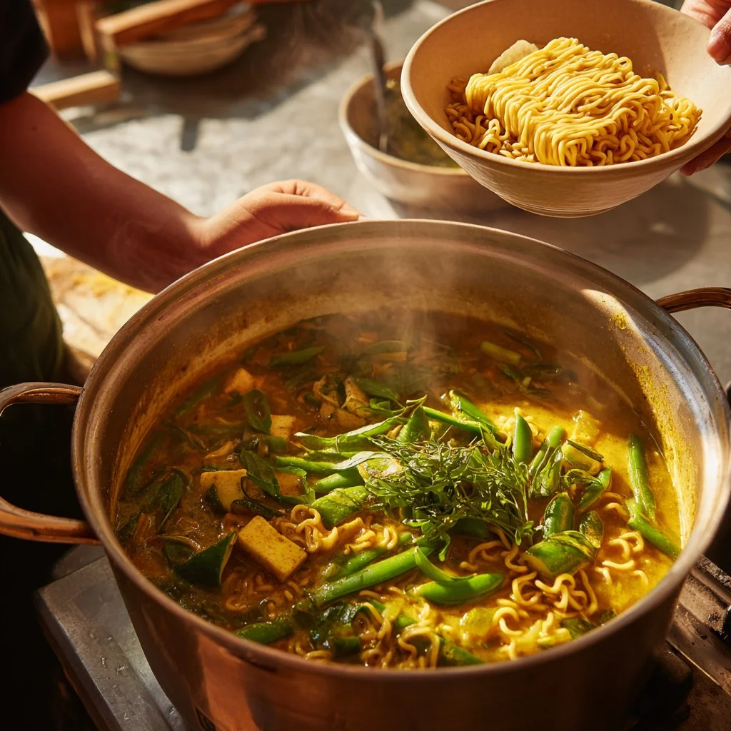 Bowl of quick vegan curry with colorful vegetables and herbs
