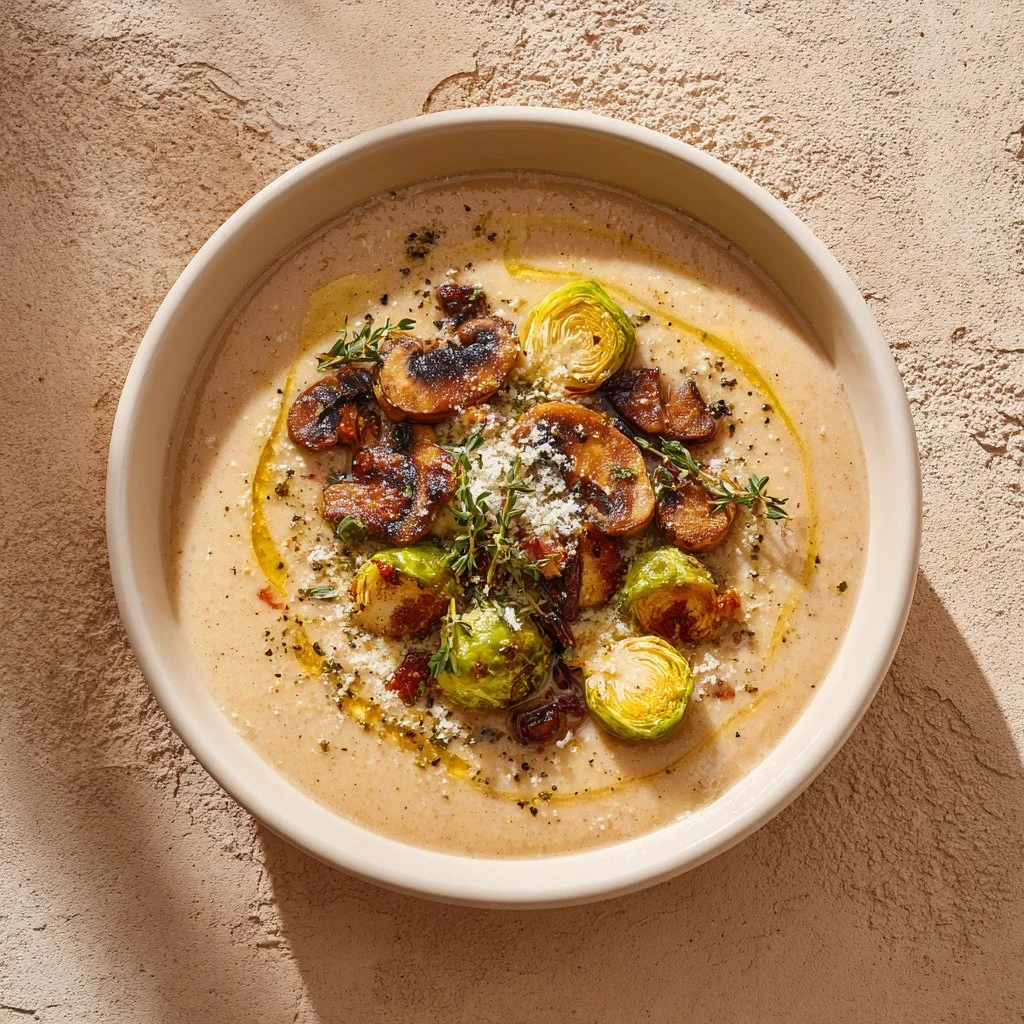 Bowl of ratatouille-inspired potato leek soup garnished with herbs