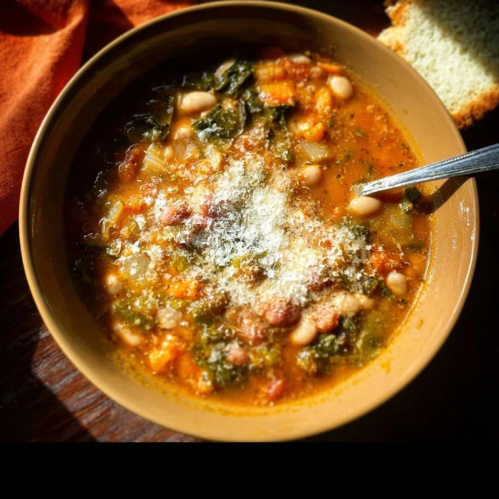 A steaming bowl of traditional Italian Ribollita Soup with vegetables and beans.
