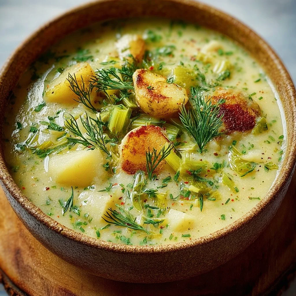 Bowl of roasted celery and potato soup, garnished with fresh herbs.