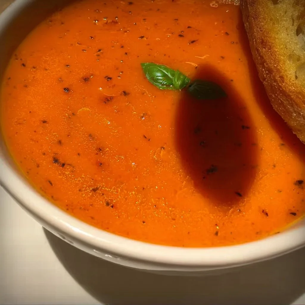 Bowl of roasted tomato and red bell pepper soup garnished with herbs.