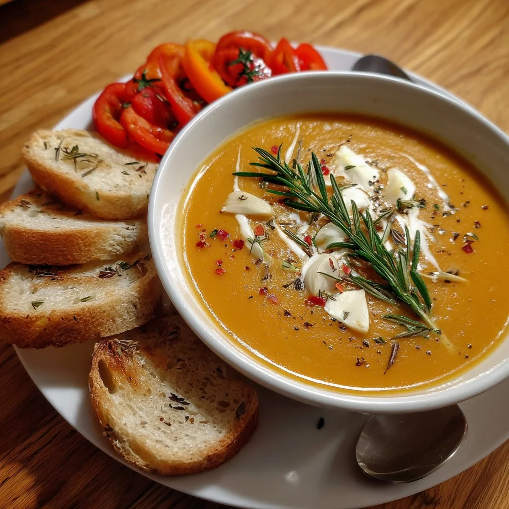 Bowl of homemade roasted vegetable soup with fresh herbs and colorful vegetables
