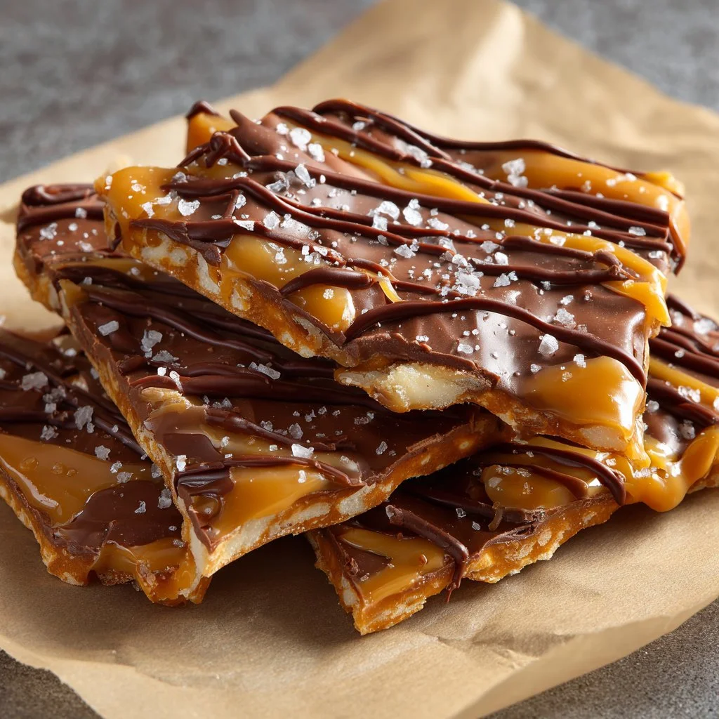 Delicious salted caramel pretzel bark crafted with sweet caramel and crunchy pretzels
