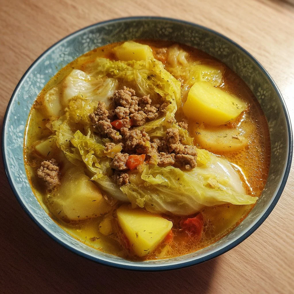 Savoy Cabbage Stew with Ground Meat and Potatoes in a bowl