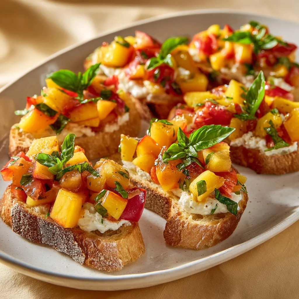 Delicious peach bruschetta topped with whipped ricotta on a rustic wooden table.