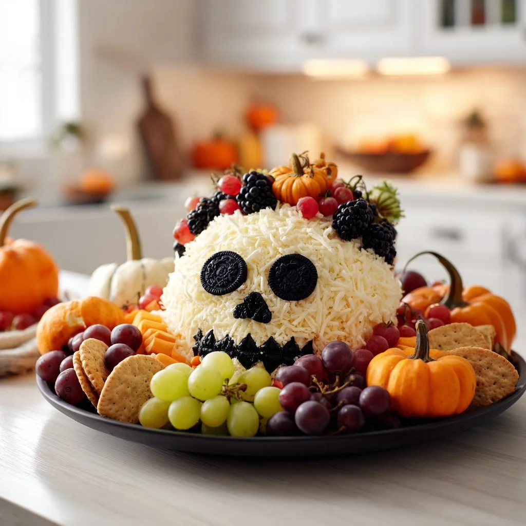 Skellington cheese ball appetizer decorated for Halloween