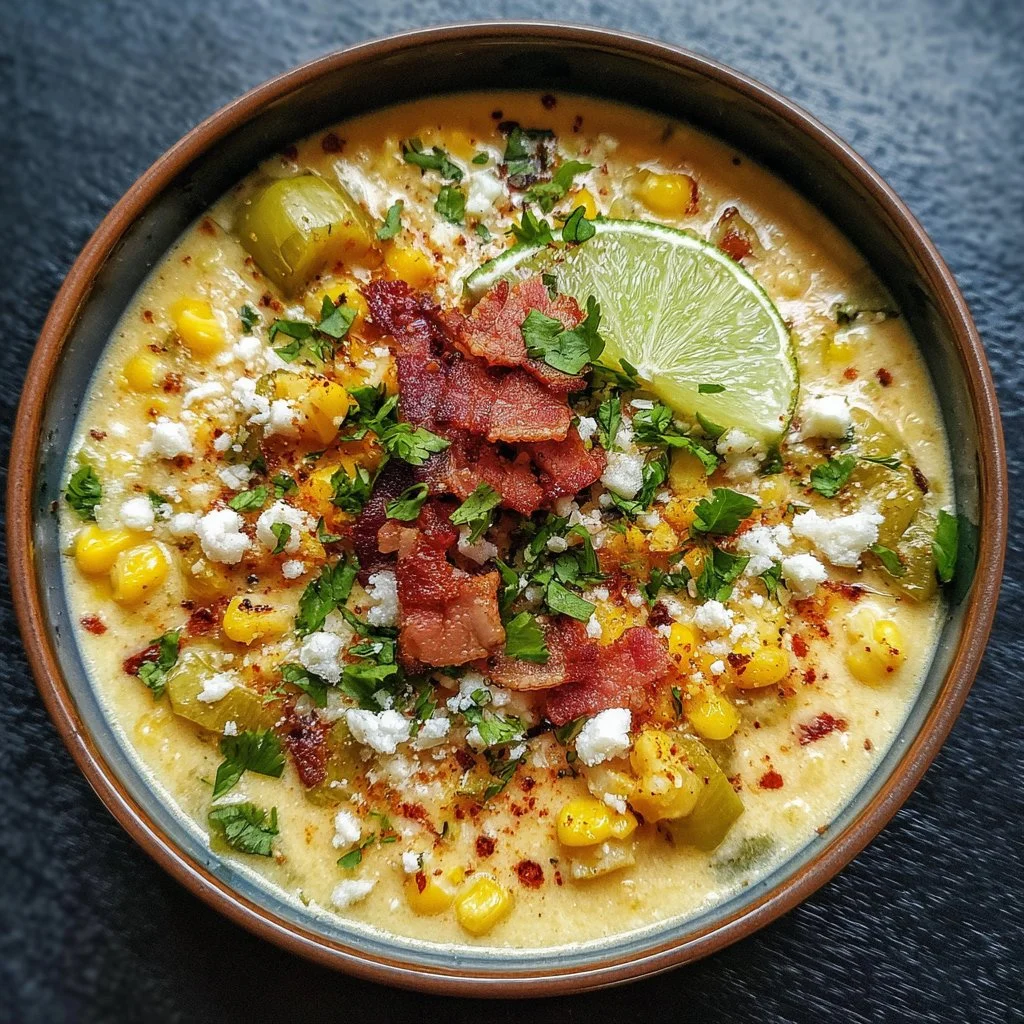 Slow Cooker Mexican Street Corn Soup garnished with cilantro and lime