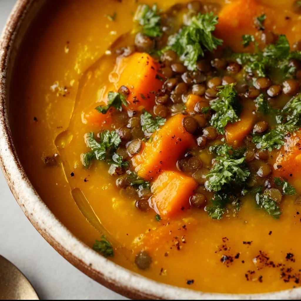 A bowl of spiced carrot lentil soup garnished with herbs
