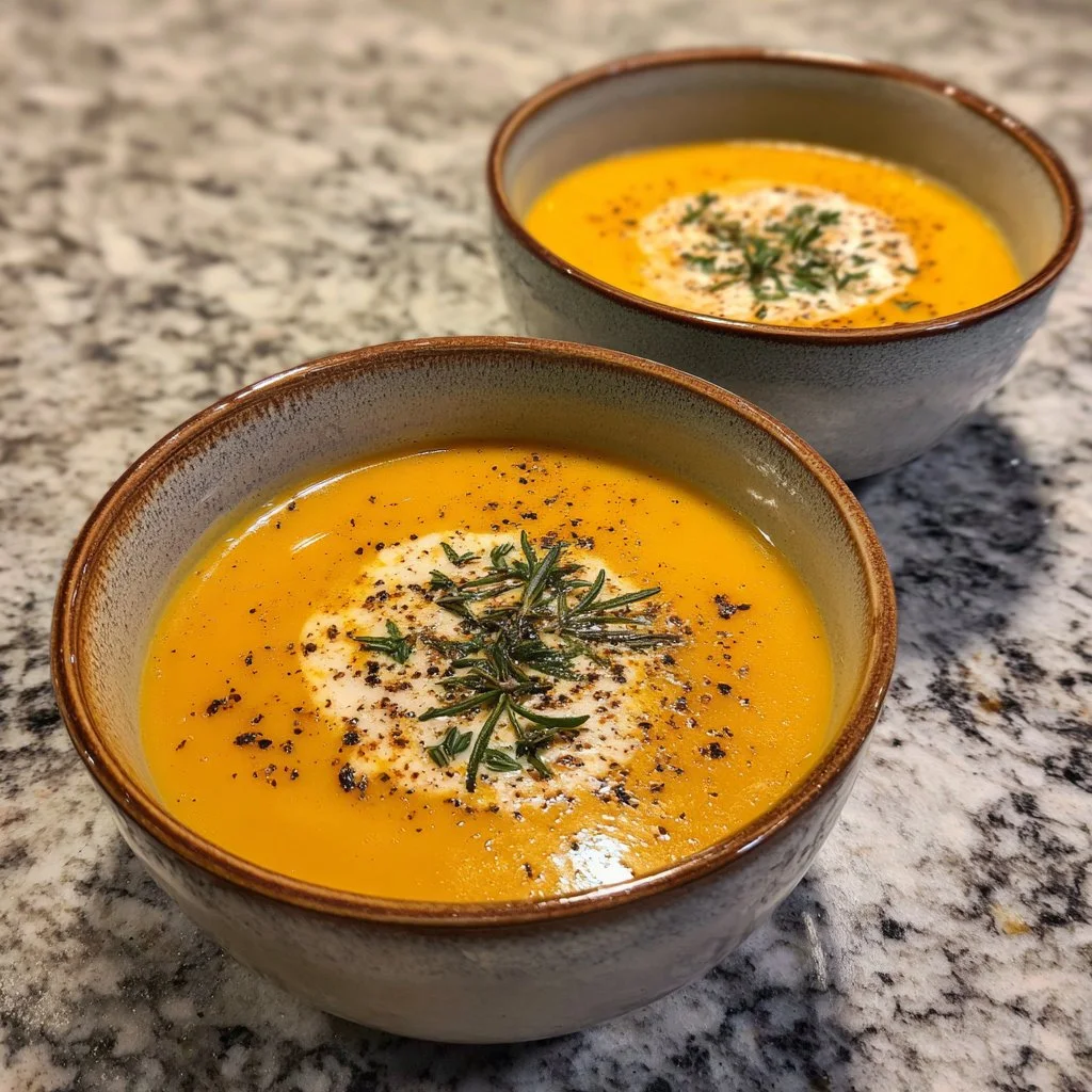 Bowl of spicy butternut squash soup garnished with herbs.