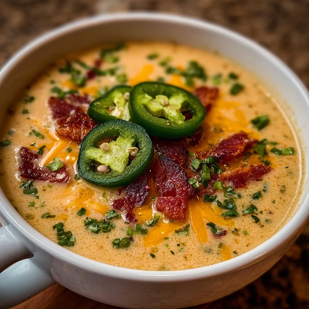 Bowl of creamy Spicy Jalapeño Popper Soup topped with cheese and jalapeños.