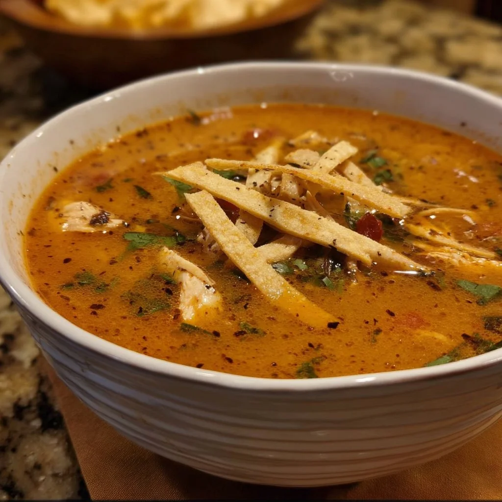 Bowl of spicy Mexican chicken soup with fresh herbs and ingredients