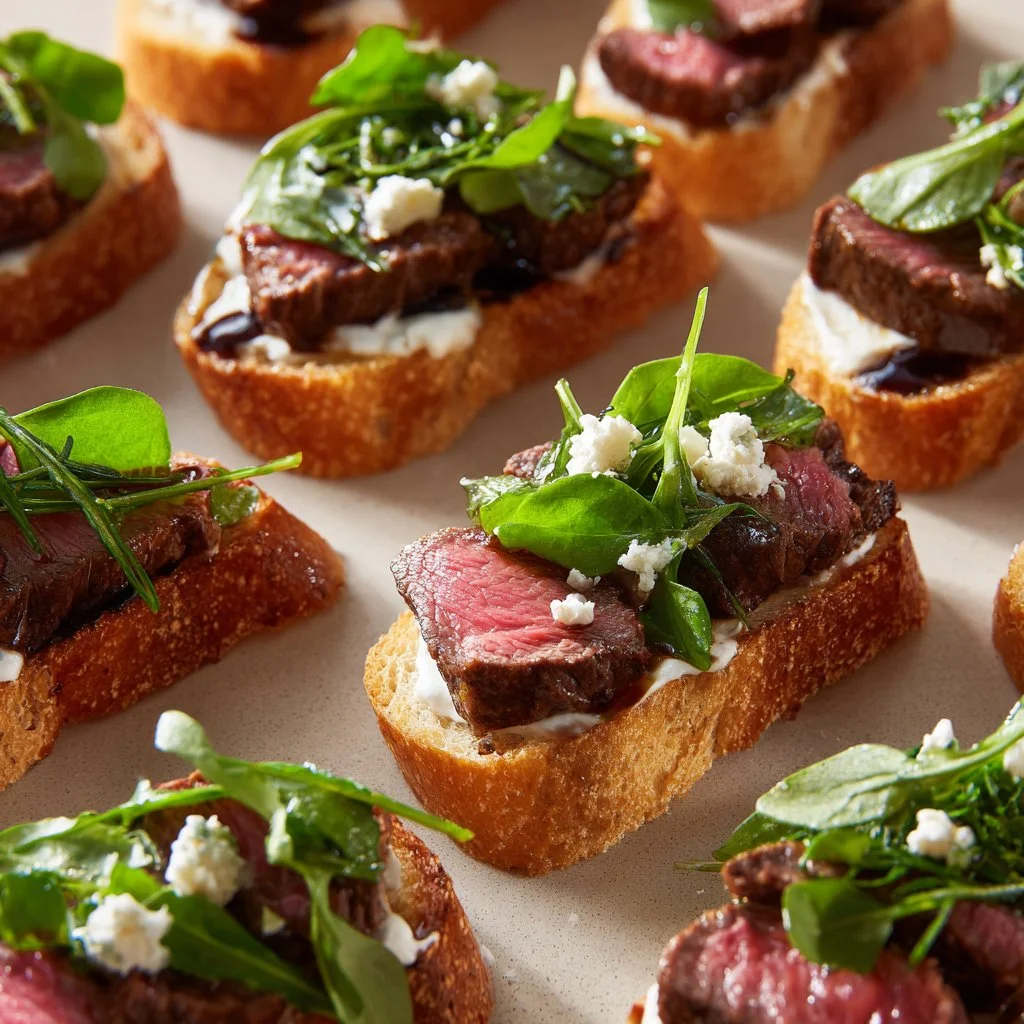 Delicious Steak Crostini appetizers topped with juicy steak and fresh herbs.