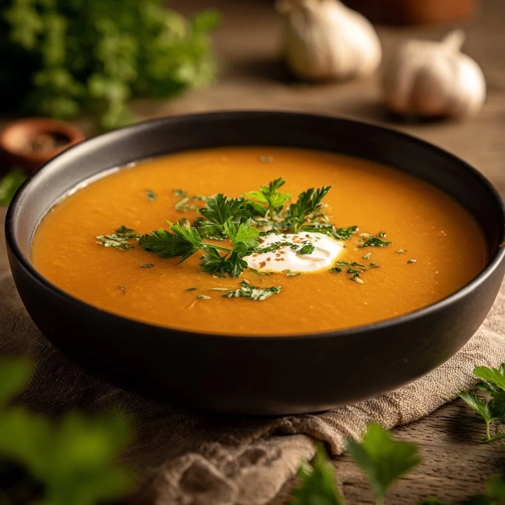 Creamy cheese soup with ground meat in a bowl, garnished with herbs.