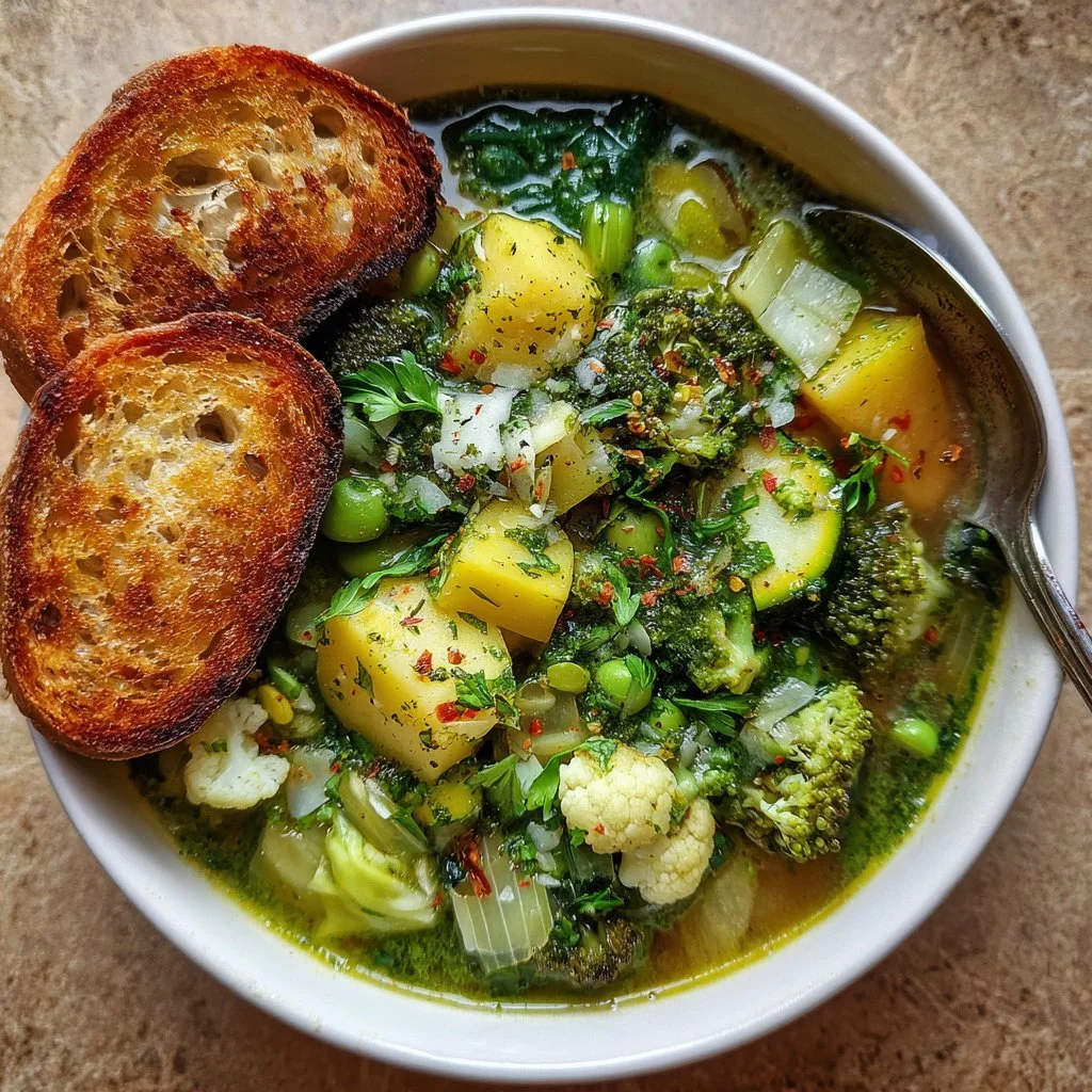 Bowl of Super Green Sheet Pan Soup with fresh vegetables and herbs